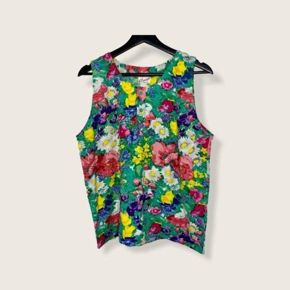Vintage 90s Multicolor All Over Floral Sleeveless Top Medium
